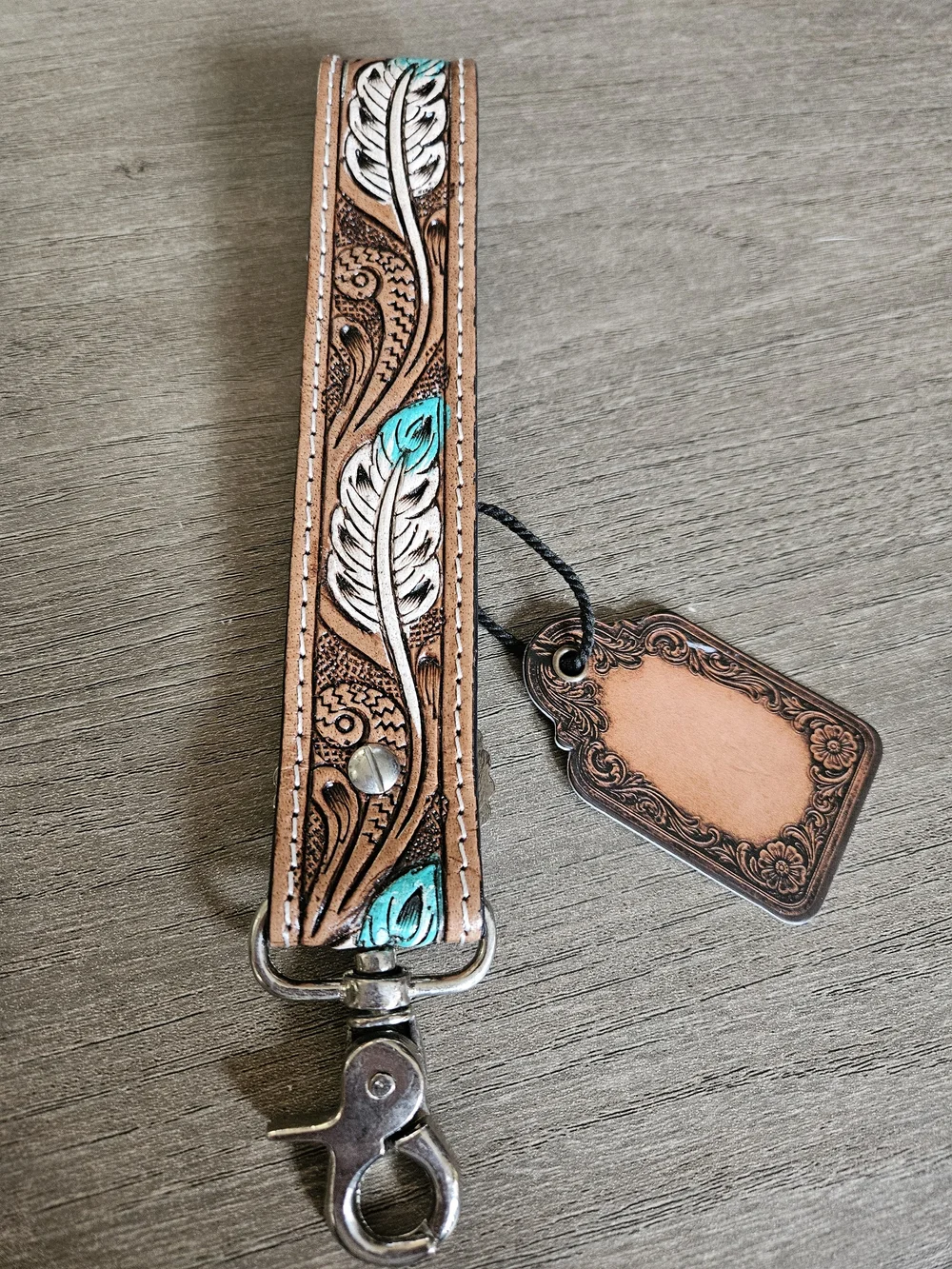 Handcrafted Brown Leather Feather Wristlet Keychain with Turquoise Accent-NWT